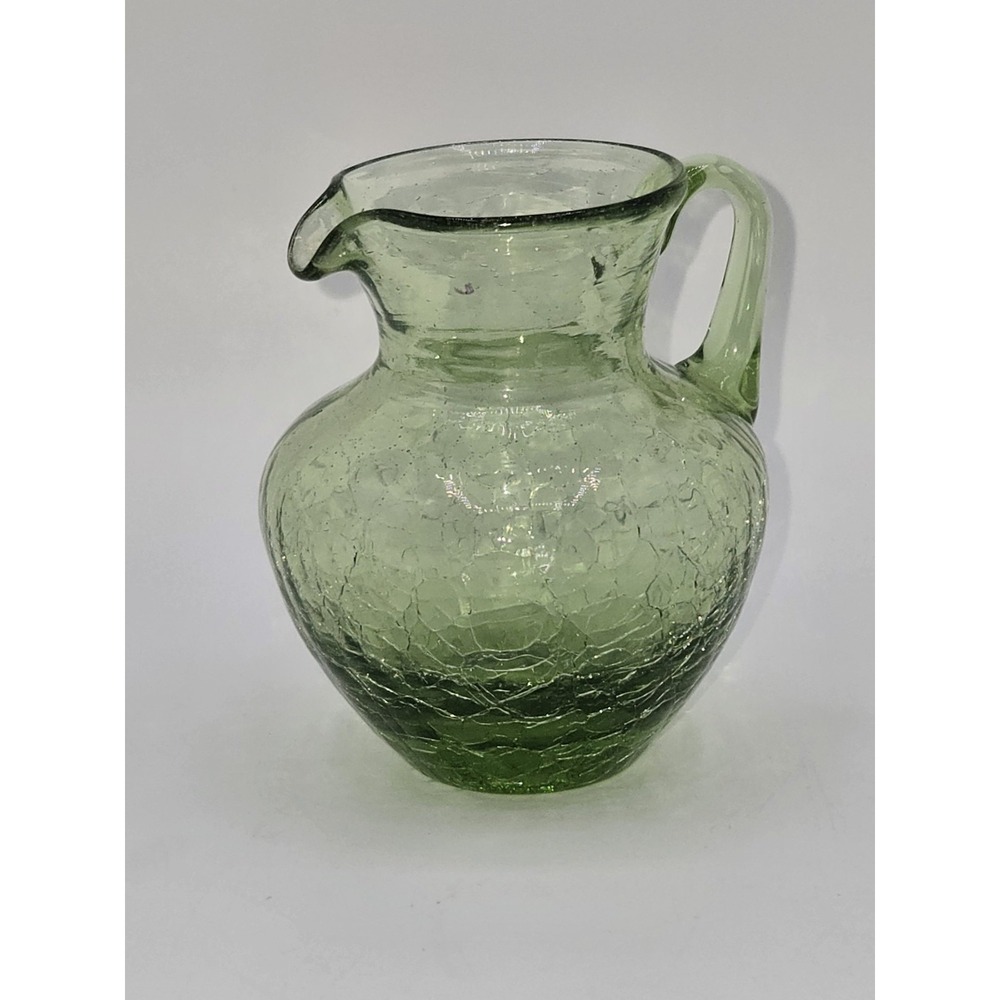 Vintage Crackle Glass Pitcher Green Hand Blown Art Glass Creamer Jug
